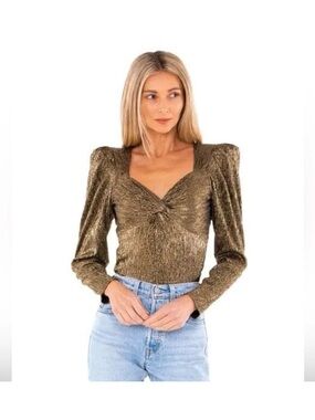 Astr Gold Metallic Twist-Front Long Sleeve Top